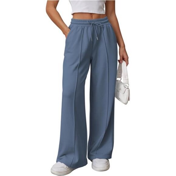 Womens Wide Leg Sweatpants High Waisted Blue - Picture 1 of 6